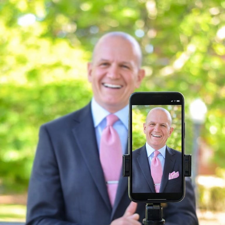 Smiling man in dark suit and pink tie holding smartphone displaying his own portrait, with green foliage background